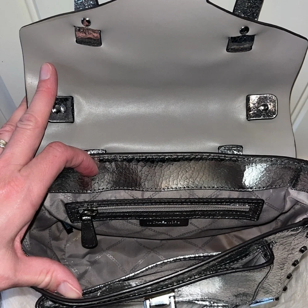 Michael Kors Silver Leather Satchel Handbag cyberpunk Avant Garde artsy unique